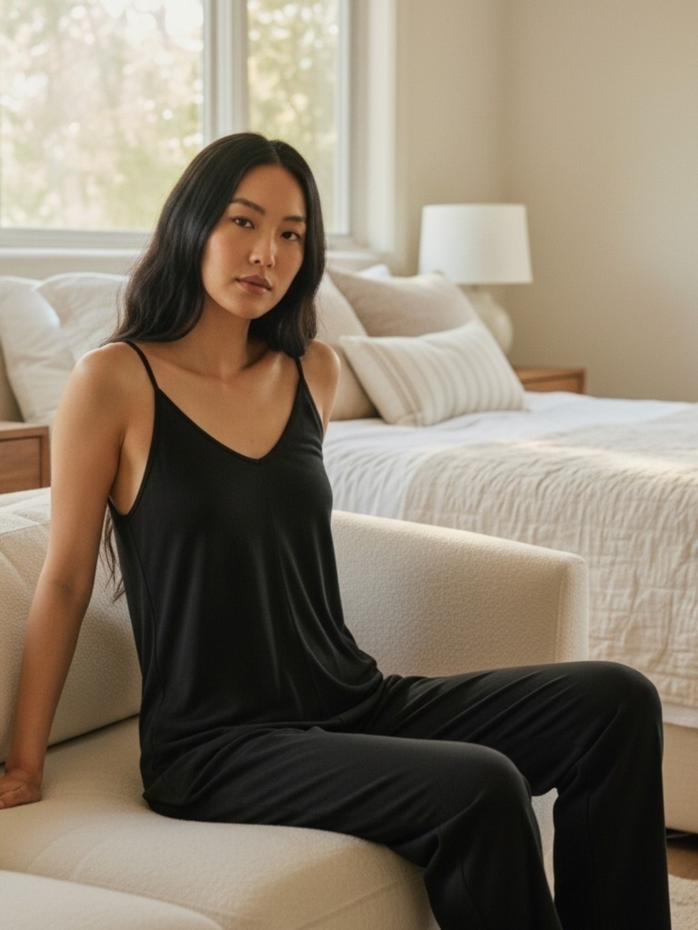 Athleta Nighttime Bliss Sleep Jumpsuit Black Romper 981316 Wide Leg Large - Picture 13 of 14